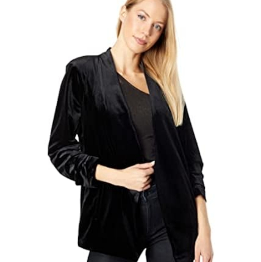 Bishop +‎ Young collarless blazer Women's L open Velvet Black ruched sleeves